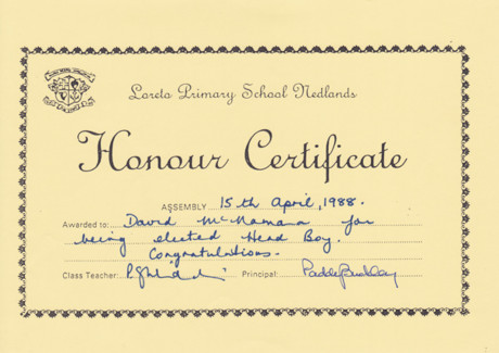 Honour Certificate Elected Head Boy