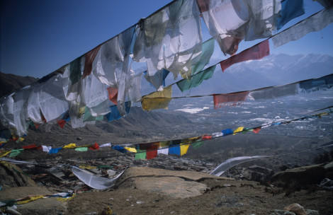 Monastic View Through Prayer Flags of Lhasa